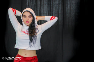 Playboy model Izunia in a white cola hoodie
